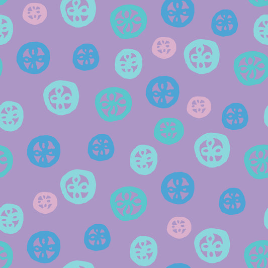 Rock on Round Pastel features a repeating pattern in purple, blue, aqua, and pink colors depicting flowers encased in hand-drawn circles.