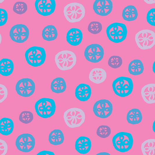 Rock on Round Pink & Blue features a repeating pattern in pink and blue colors depicting flowers encased in hand-drawn circles.