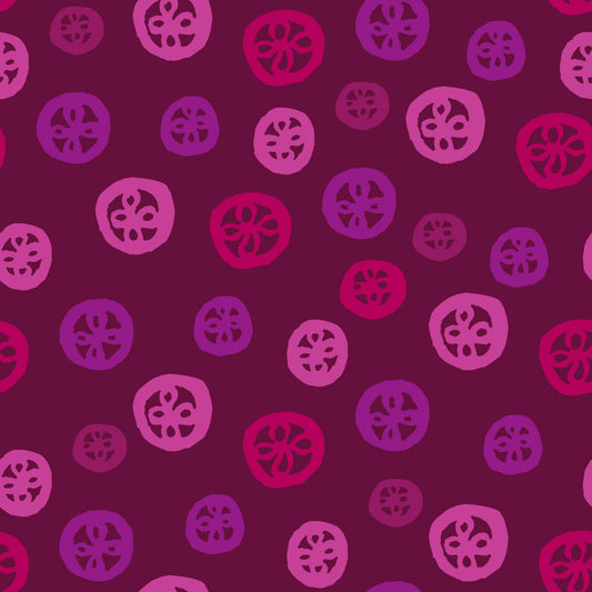 Rock on Round Plum features a repeating pattern in plum, red, and purple colors depicting flowers encased in hand-drawn circles.