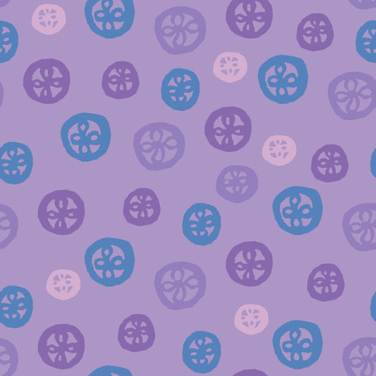 Rock on Round Purple features a repeating pattern in purple and blue colors depicting flowers encased in hand-drawn circles.