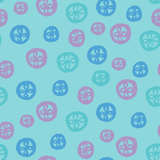 Rock on Round Rain features a repeating pattern in aqua, purple, blue, and green colors depicting flowers encased in hand-drawn circles.