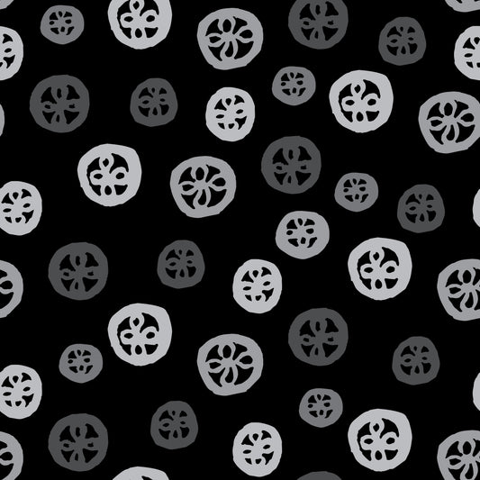 Rock on Round Shadow features a repeating pattern in black and gray colors depicting flowers encased in hand-drawn circles.