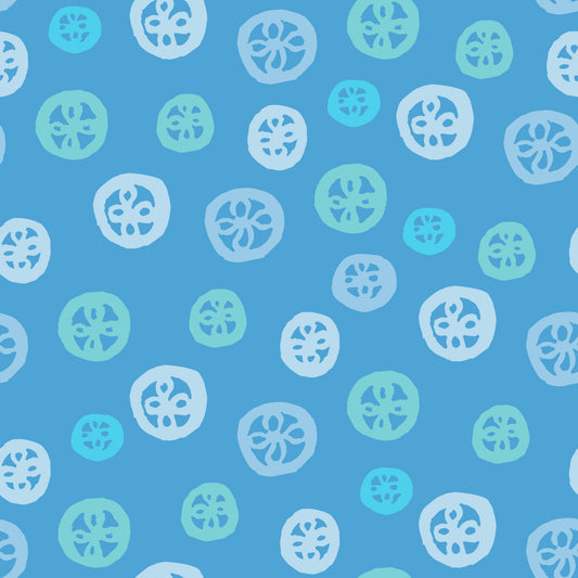 Rock on Round Sky features a repeating pattern in blue, green, and purple colors depicting flowers encased in hand-drawn circles.