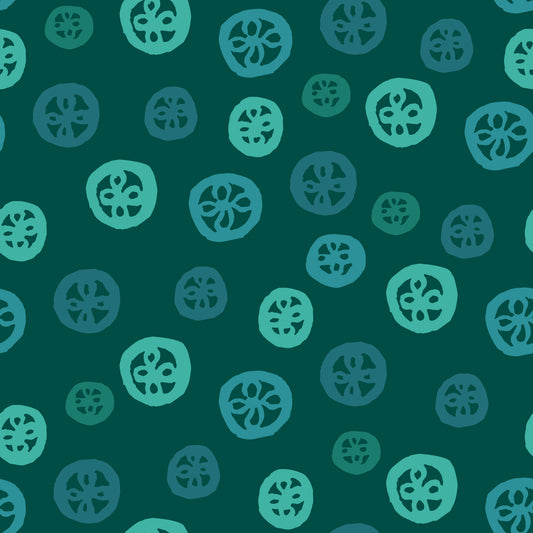 Rock on Round Spruce features a repeating pattern in green colors depicting flowers encased in hand-drawn circles.