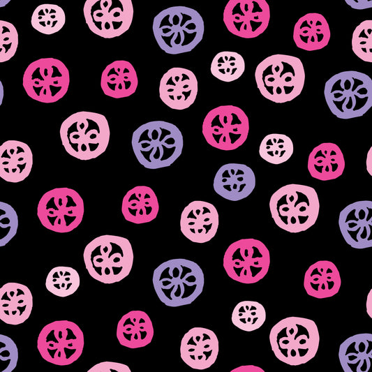 Rock on Round Sunset features a repeating pattern in black, pink, and purple colors depicting flowers encased in hand-drawn circles.
