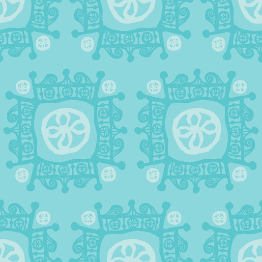 Rock on Royal Aqua features a repeating pattern in aqua and green colors of hand-drawn flowers encased in ornate squares bordered by crown-like flourishes.