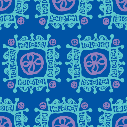 Rock on Royal Azure features a repeating pattern in azure, blue, aqua, and purple colors of hand-drawn flowers encased in ornate squares bordered by crown-like flourishes.