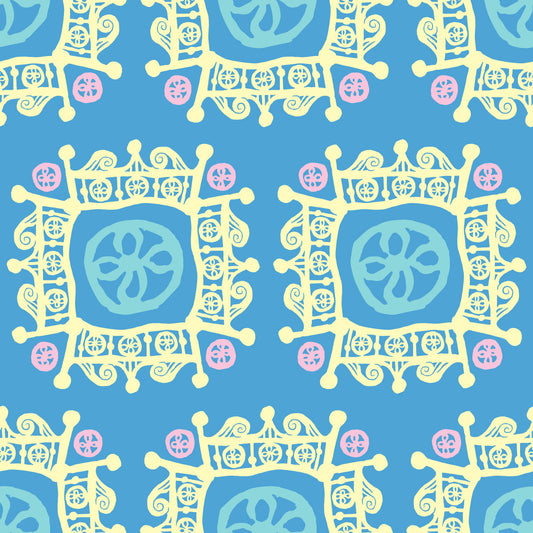 Rock on Royal Bloom features a repeating pattern in yellow, blue, and green colors of hand-drawn flowers encased in ornate squares bordered by crown-like flourishes.