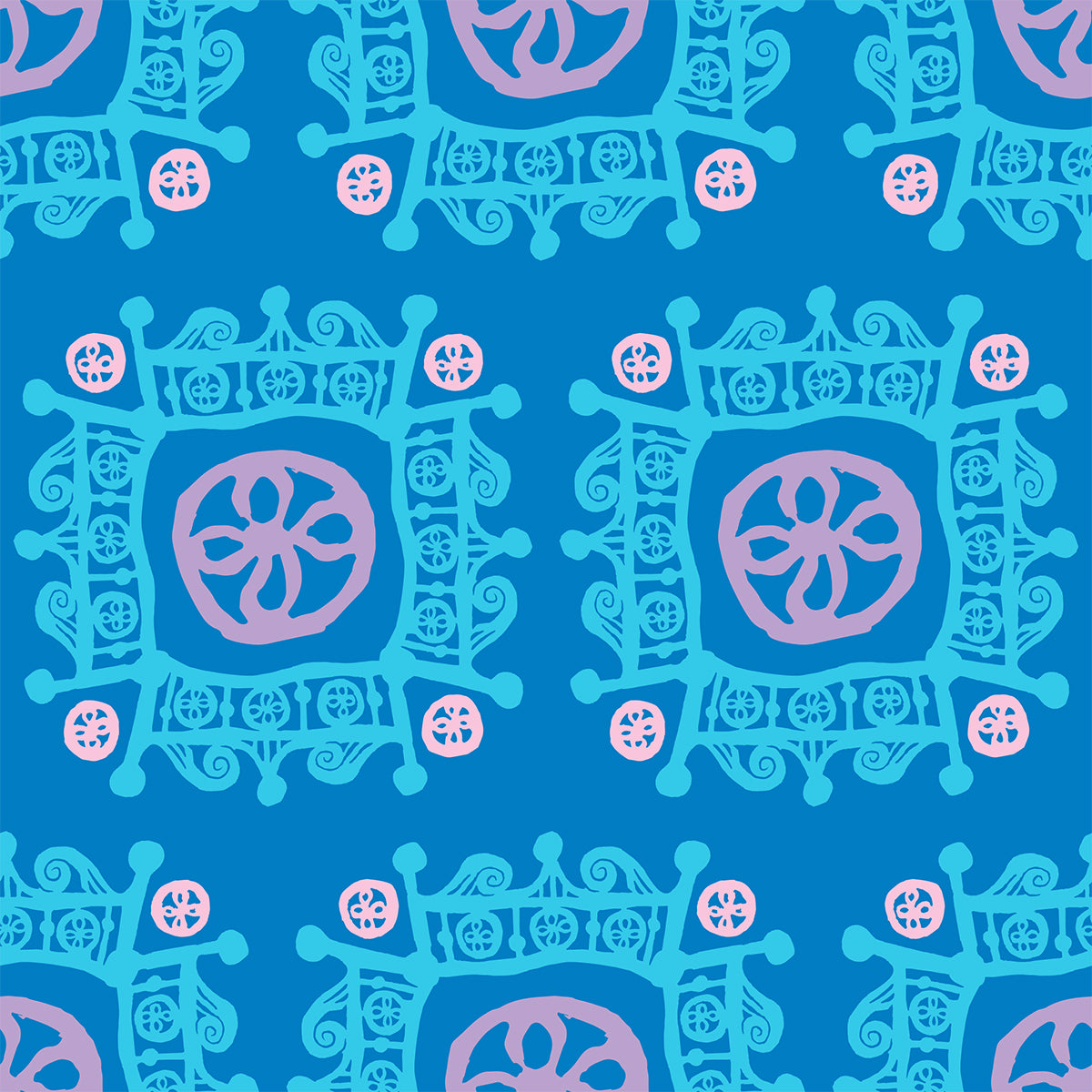Rock on Royal Blue features a repeating pattern in blue, purple, and pink colors of hand-drawn flowers encased in ornate squares bordered by crown-like flourishes.