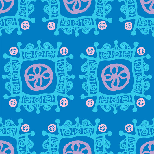 Rock on Royal Blue features a repeating pattern in blue, purple, and pink colors of hand-drawn flowers encased in ornate squares bordered by crown-like flourishes.