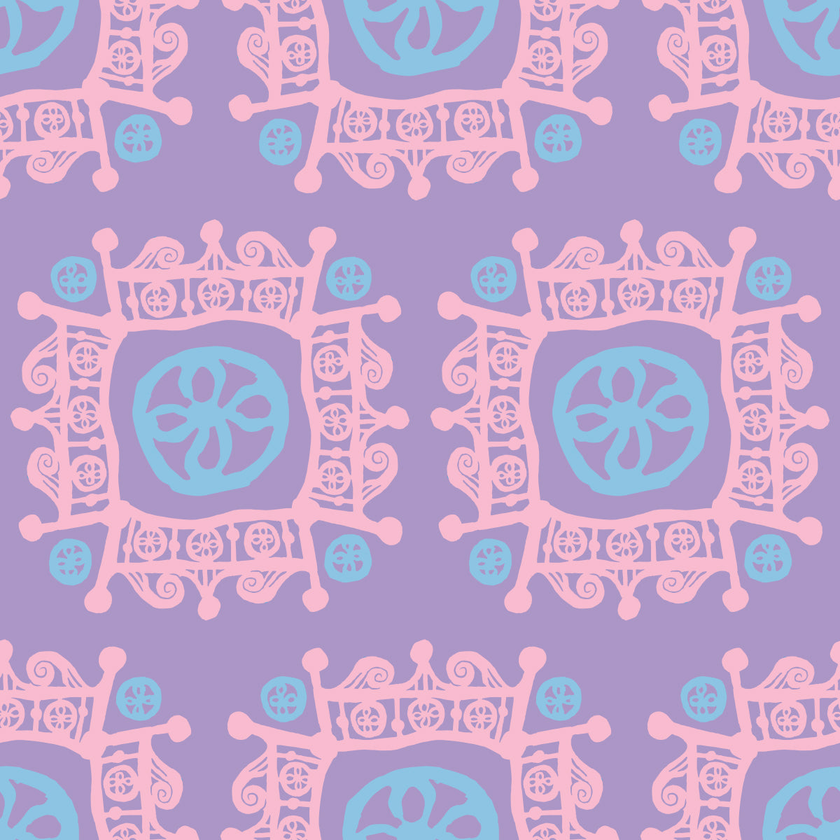 Rock on Royal Dawn features a repeating pattern in purple, pink, and blue colors of hand-drawn flowers encased in ornate squares bordered by crown-like flourishes.