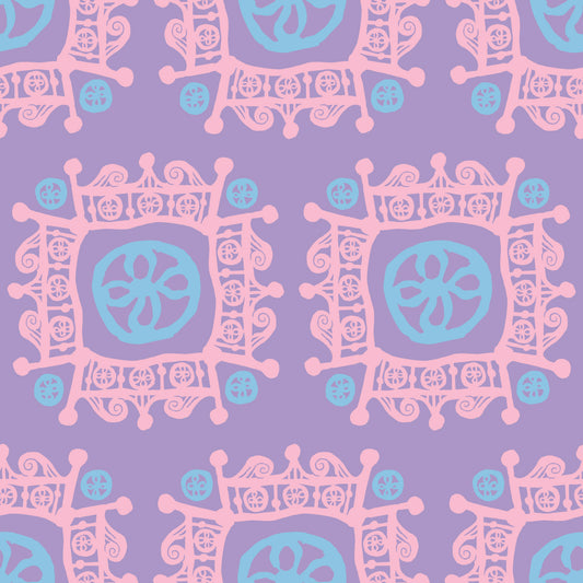 Rock on Royal Dawn features a repeating pattern in purple, pink, and blue colors of hand-drawn flowers encased in ornate squares bordered by crown-like flourishes.