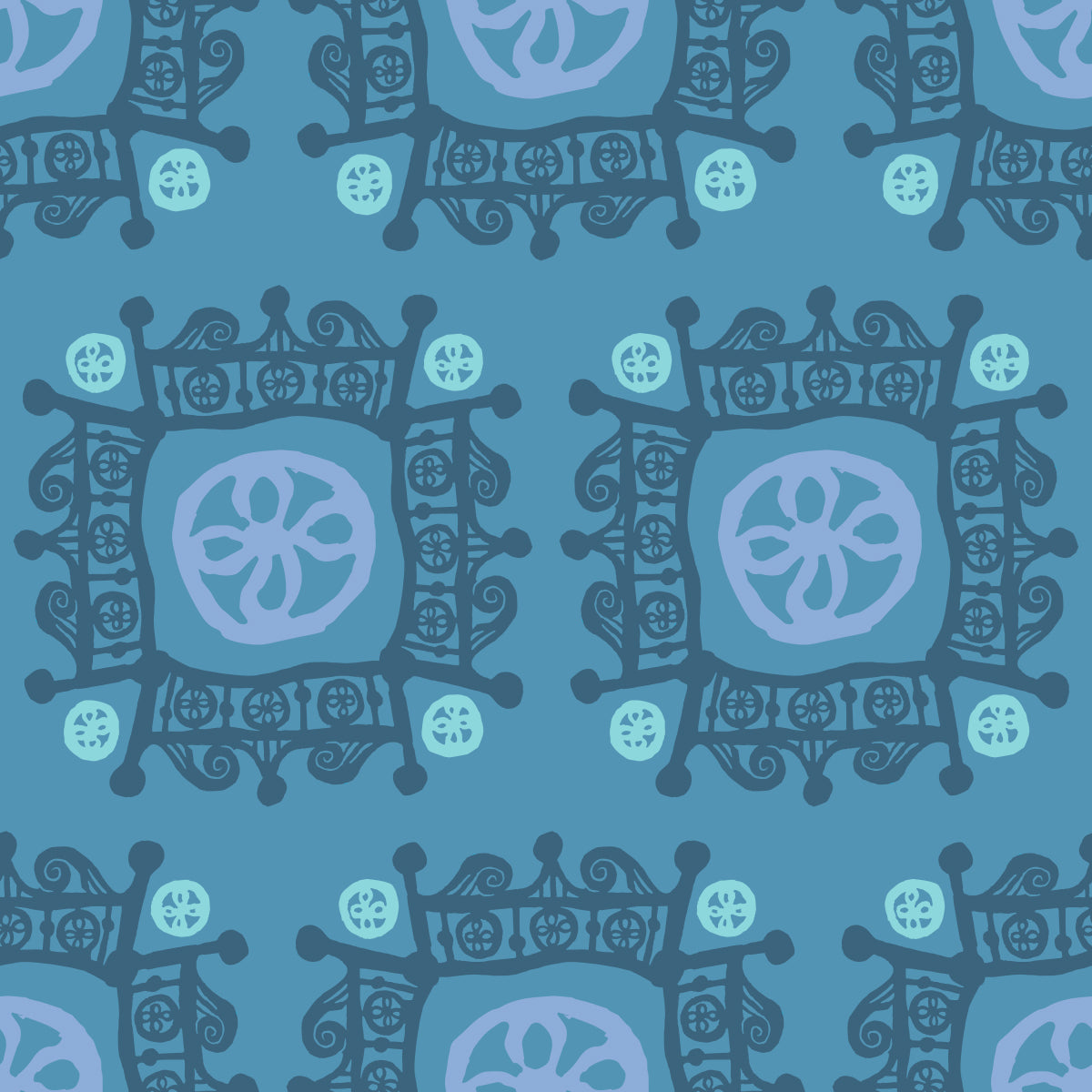 Rock on Royal Frost features a repeating pattern in muted green, dusty blue, lavender, and purple colors of hand-drawn flowers encased in ornate squares bordered by crown-like flourishes.
