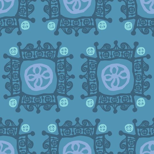 Rock on Royal Frost features a repeating pattern in muted green, dusty blue, lavender, and purple colors of hand-drawn flowers encased in ornate squares bordered by crown-like flourishes.