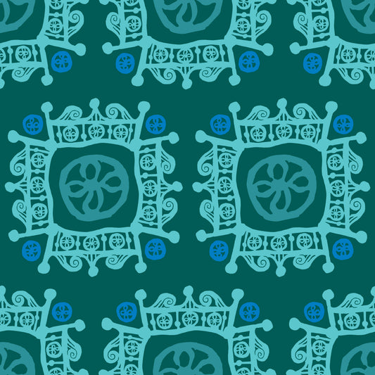Rock on Royal Green features a repeating pattern in green colors of hand-drawn flowers encased in ornate squares bordered by crown-like flourishes.
