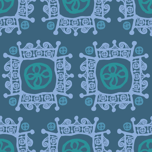 Rock on Royal Ice features a repeating pattern in green, french gray, and lavender colors of hand-drawn flowers encased in ornate squares bordered by crown-like flourishes.