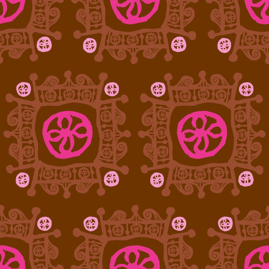 Rock on Royal Leaves features a repeating pattern in brown and pink colors of hand-drawn flowers encased in ornate squares bordered by crown-like flourishes.
