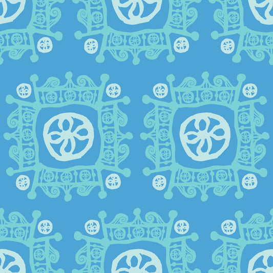Rock on Royal Ocean features a repeating pattern in blue and green colors of hand-drawn flowers encased in ornate squares bordered by crown-like flourishes.