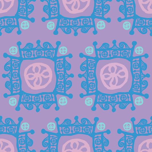 Rock on Royal Pastel features a repeating pattern in purple, blue, and pink colors of hand-drawn flowers encased in ornate squares bordered by crown-like flourishes.