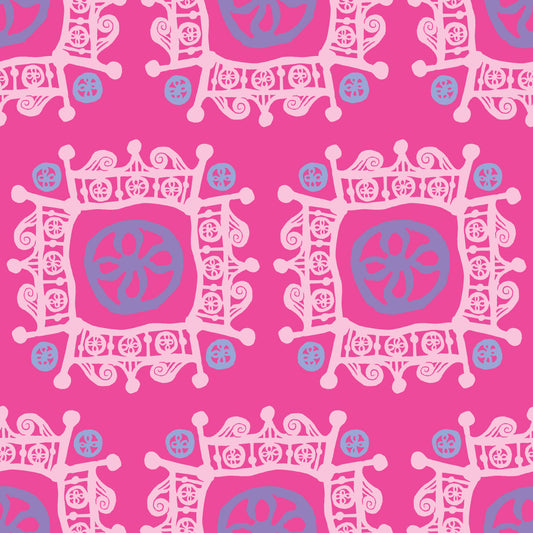 Rock on Royal Pink features a repeating pattern in pink and blue colors of hand-drawn flowers encased in ornate squares bordered by crown-like flourishes.