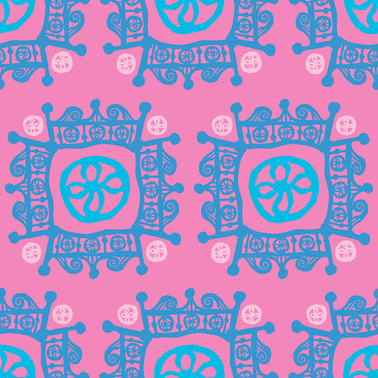 Rock on Royal Pink & Blue features a repeating pattern in pink and blue colors of hand-drawn flowers encased in ornate squares bordered by crown-like flourishes.