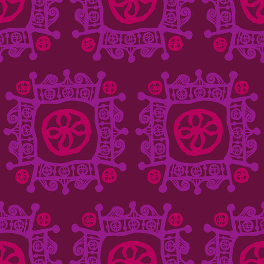 Rock on Royal Plum features a repeating pattern in plum, red, and purple colors of hand-drawn flowers encased in ornate squares bordered by crown-like flourishes.