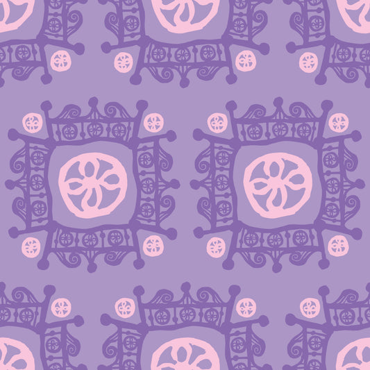 Rock on Royal Purple features a repeating pattern in purple and pink colors of hand-drawn flowers encased in ornate squares bordered by crown-like flourishes.