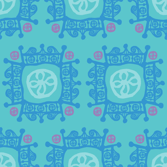 Rock on Royal Rain features a repeating pattern in aqua, blue, and purple colors of hand-drawn flowers encased in ornate squares bordered by crown-like flourishes