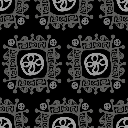 Rock on Royal Shadow features a repeating pattern in black and gray colors of hand-drawn flowers encased in ornate squares bordered by crown-like flourishes.