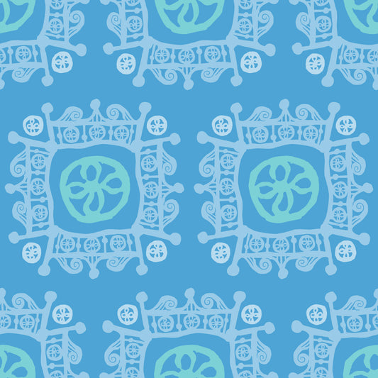 Rock on Royal Sky features a repeating pattern in blue, lavender, and green colors of hand-drawn flowers encased in ornate squares bordered by crown-like flourishes.