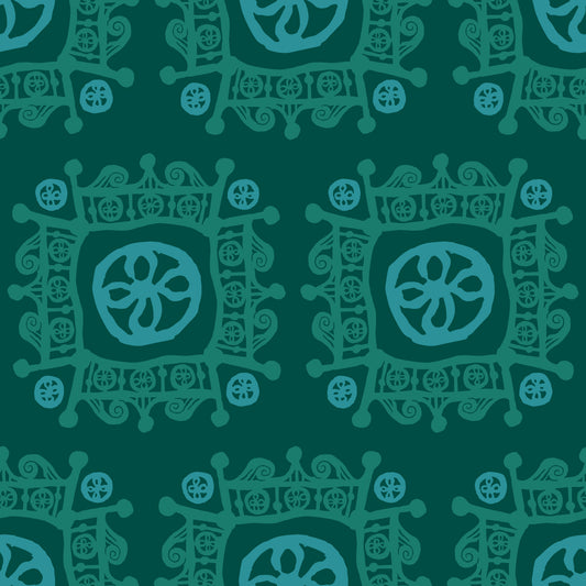 Rock on Royal Spruce features a repeating pattern in green colors of hand-drawn flowers encased in ornate squares bordered by crown-like flourishes.