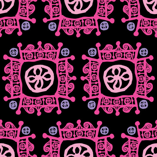 Rock on Royal Sunset features a repeating pattern in black, pink, and purple colors of hand-drawn flowers encased in ornate squares bordered by crown-like flourishes.
