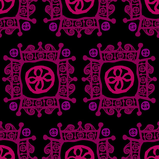 Rock on Royal Wine features a repeating pattern in black, red, pink, and wine colors of hand-drawn flowers encased in ornate squares bordered by crown-like flourishes.
