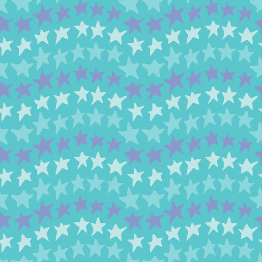 Rock on Stars Aqua features a repeating pattern in aqua, green, and purple colors of undulating rows of stars. 