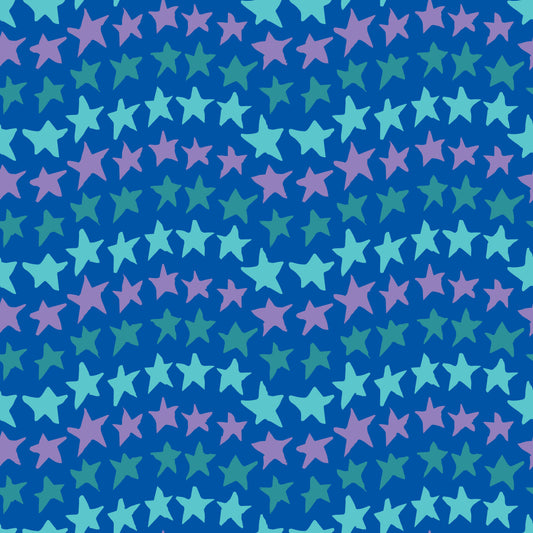 Rock on Stars Azure features a repeating pattern in azure, blue, aqua, and purple colors of undulating rows of stars. 
