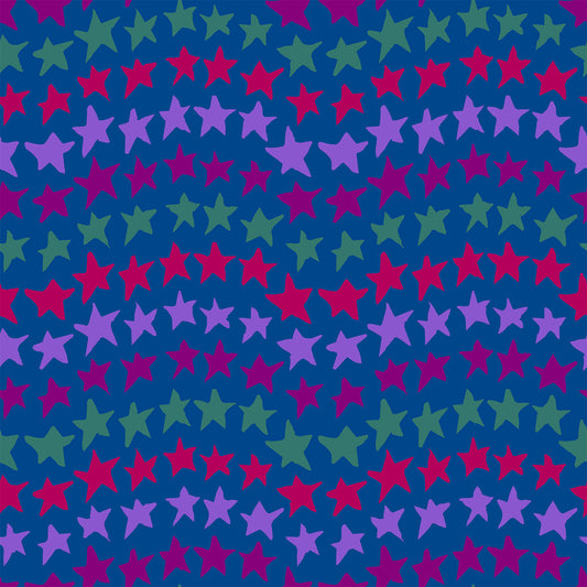 Rock on Stars Berry features a repeating pattern in dusty blue, red, purple, and berry colors of undulating rows of stars.