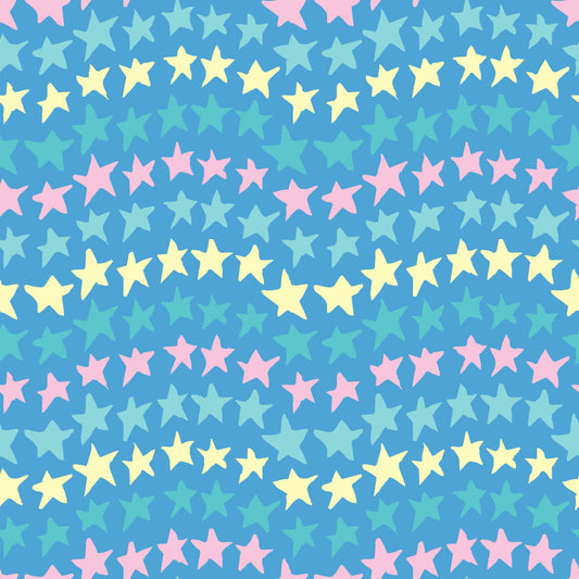 Rock on Stars Bloom features a repeating pattern in blue, green, yellow, and pink colors of undulating rows of stars. 