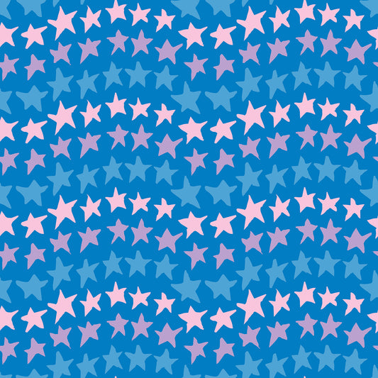 Rock on Stars Blue features a repeating pattern in blue and pink colors of undulating rows of stars. 
