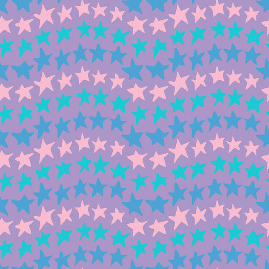 Rock on Stars Dawn features a repeating pattern in purple, pink, and blue colors of undulating rows of stars. 