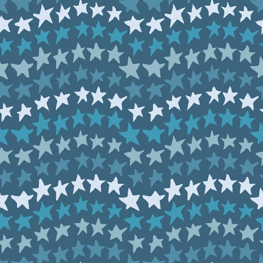 Rock on Stars Dusk features a repeating pattern in gray and dusty blue colors of undulating rows of stars.