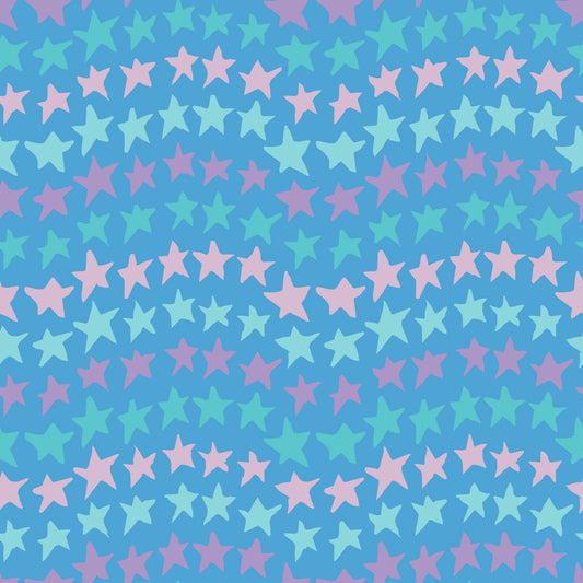 Rock on Stars Flower features a repeating pattern in blue, aqua, and pink colors of undulating rows of stars. 