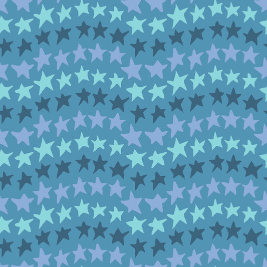 Rock on Stars Frost features a repeating pattern in muted green, dusty blue, lavender and purple colors of undulating rows of stars.