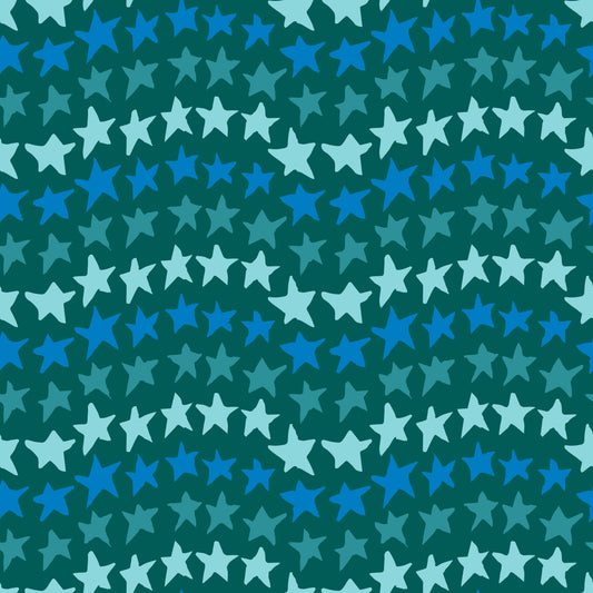Rock on Stars Green features a repeating pattern in green and blue colors of undulating rows of stars.