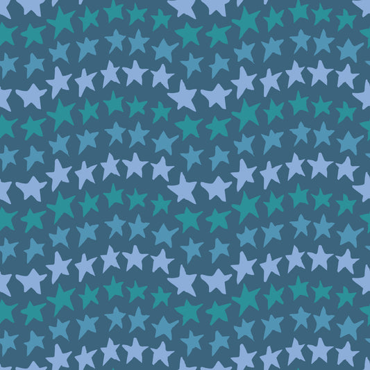 Rock on Stars Ice features a repeating pattern in green, french gray, lavender and purple colors of undulating rows of stars.