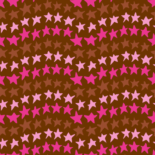 Rock on Stars Leaves features a repeating pattern in brown and pink colors of undulating rows of stars.
