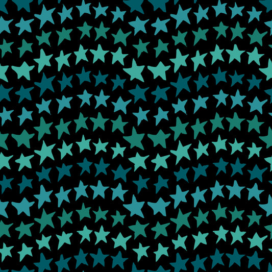 Rock on Stars Moss features a repeating pattern in black and green colors of undulating rows of stars.
