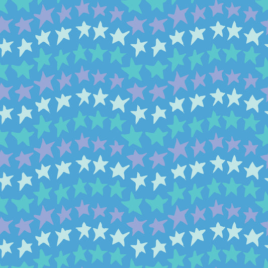 Rock on Stars Ocean features a repeating pattern in blue, green, and purple colors of undulating rows of stars. 
