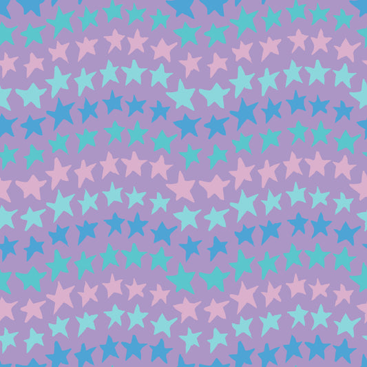 Rock on Stars Pastel features a repeating pattern in purple, aqua, pink, and blue colors of undulating rows of stars. 