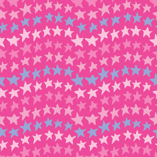 Rock on Stars Pink features a repeating pattern in pink and blue colors of undulating rows of stars. 