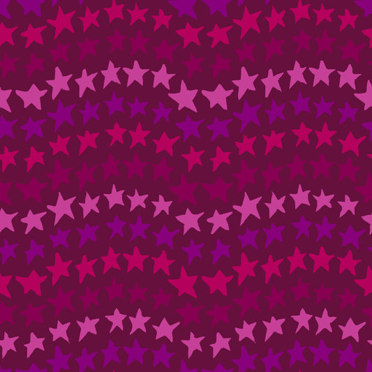 Rock on Stars Plum features a repeating pattern in plum, red, purple colors of undulating rows of stars.